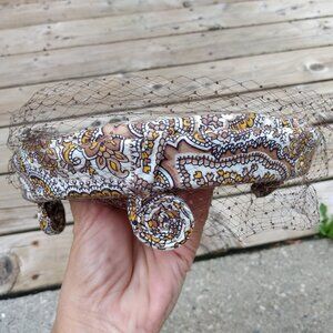 Vintage 50s Hat Brown Yellow Paisley Topper Netting Veil Rockabilly Retro